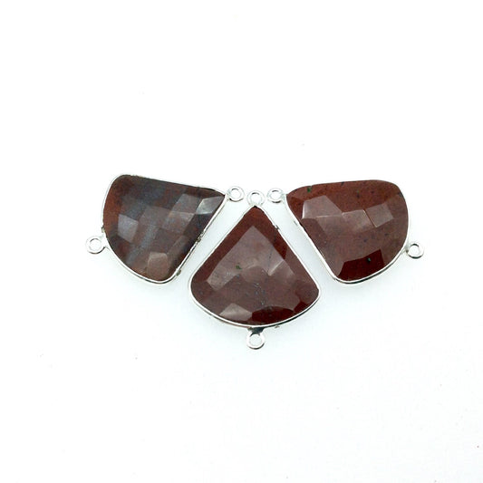 Silver Finish Faceted Red Jasper Fan Shaped Bezel Connector Component - Measuring 22mm x 22mm - Natural Semi-precious Gemstone
