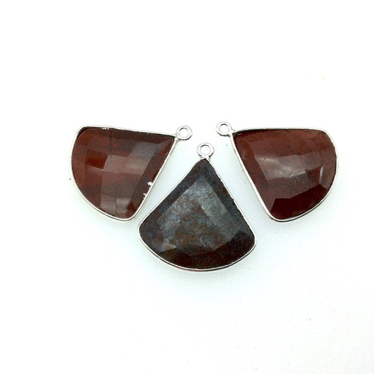 Silver Finish Faceted Red Jasper Fan Shaped Bezel Pendant Component - Measuring 22mm x 22mm - Natural Semi-precious Gemstone
