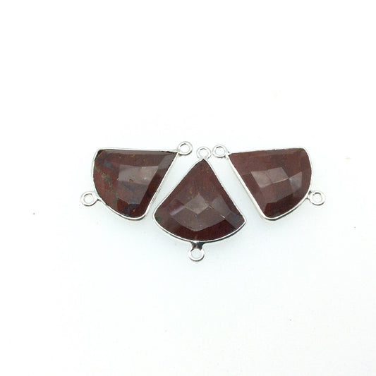 Silver Finish Faceted Red Jasper Fan Shaped Bezel Connector Component - Measuring 18-20mm x 18-20mm - Natural Semi-precious Gemstone