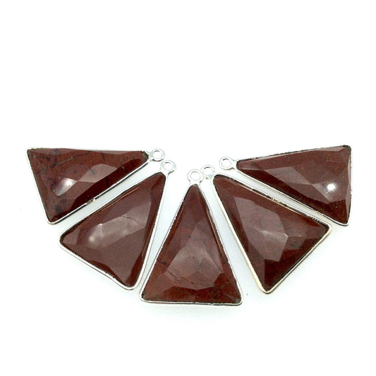Silver Finish Faceted Red Jasper Triangle Shaped Bezel Pendant Component - Measuring 18mm x 25mm - Natural Semi-precious Gemstone