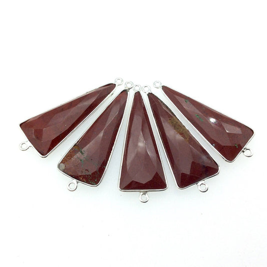Silver Finish Faceted Red Jasper Long Triangle Shaped Bezel Connector Component - Measuring 15mm x 35mm - Natural Semi-precious Gemstone