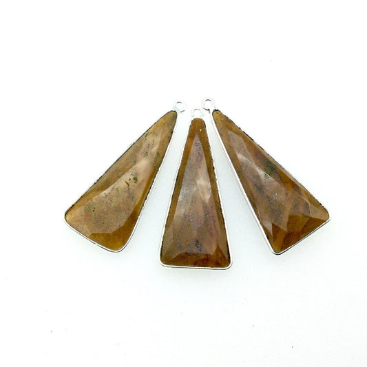 Silver Finish Faceted Yellow Jasper Long Triangle Shaped Bezel Pendant - Measuring 15mm x 35mm - Natural Semi-precious Gemstone