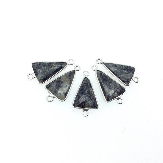 Silver Finish Faceted Black Feldspar Triangle Shaped Bezel Connector Component - Measuring 12mm x 16mm - Natural Semi-precious Gemstone