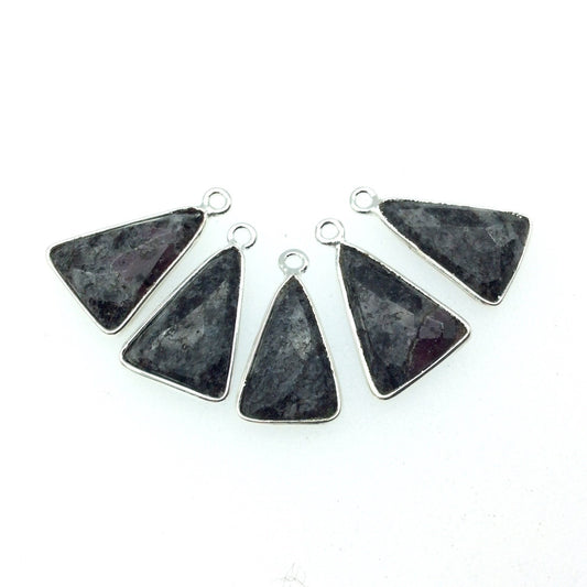 Silver Finish Faceted Black Feldspar Triangle Shaped Bezel Pendant Component - Measuring 12mm x 16mm - Natural Semi-precious Gemstone