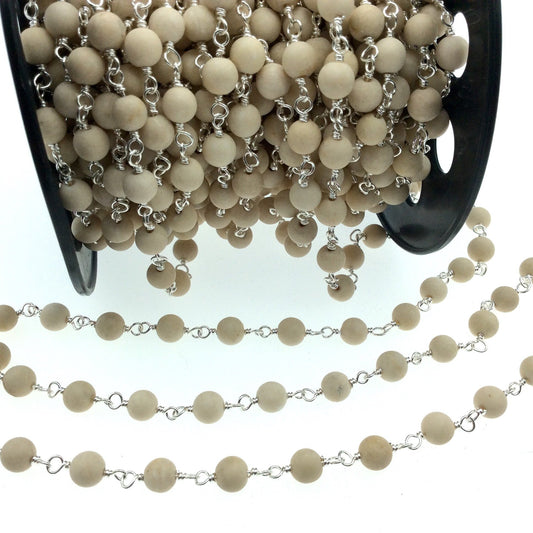 Silver Plated Copper Wrapped Rosary Chain with 6mm Matte Natural Cream River Stone Round Shaped Beads - Sold by the foot! (CH310-SV)
