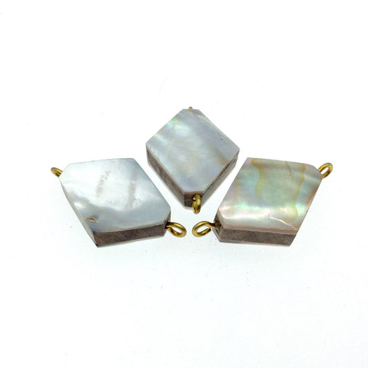 Iridescent White Flattened Diamond Shaped Natural Shell Focal Connector - 23mm x 28mm Approximately - Sold Individually