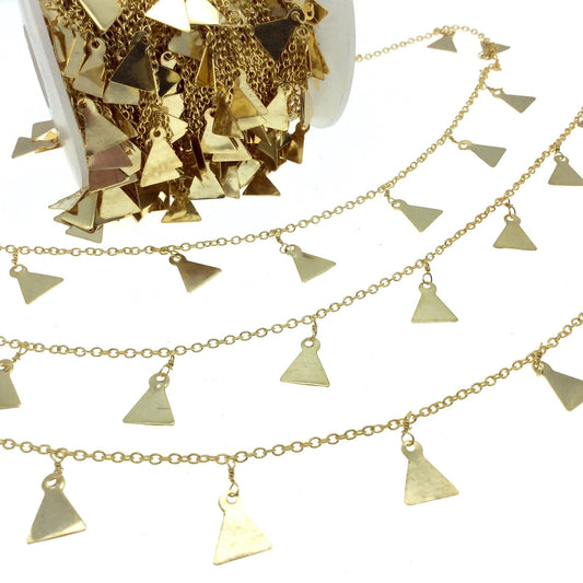 Gold Plated Brass Spaced Single Dangle Wrapped Chain with 8mm Gold Triangle Dangles - Sold by 1 Foot Length!