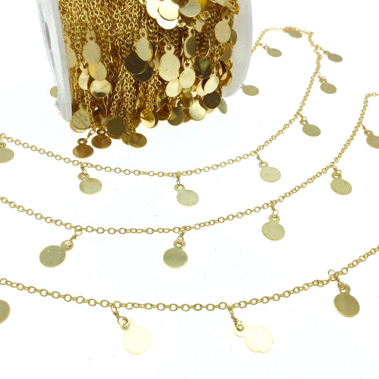 Gold Plated Brass Spaced Single Dangle Wrapped Chain with 6mm Gold Disc/Coin Round Dangles - Sold by 1 Foot Length!