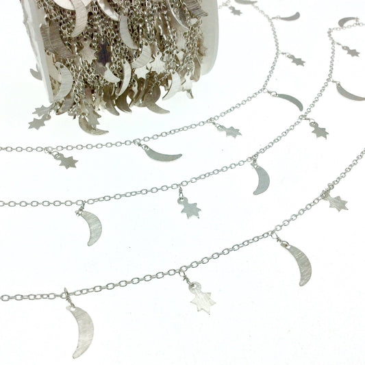 Silver Plated Copper Spaced Single Dangle Wrapped Chain with 9mm-12mm Long Silver Sun/Star and Moon Dangles - Sold by 1 Foot Length!