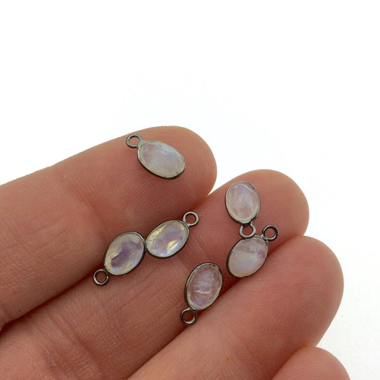Moonstone Bezel | BULK PACK of Six (6) Gunmetal Sterling Silver Pointed Cut Stone Faceted Oval Oblong Shaped Pendants - Measuring 5mm x 7mm