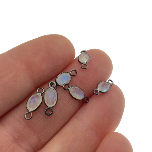 Moonstone Bezels | BULK PACK of Six (6) Gunmetal Sterling Silver Pointed Cut Stone Faceted Oval Oblong Shaped Bezel Connectors - 3mm x 6mm