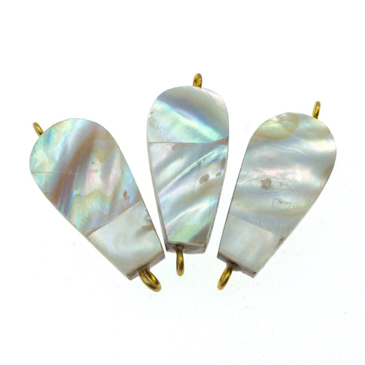 Iridescent White Flattened Teardrop Shaped Natural Shell Focal Connector - 18mm x 36mm Approximately - Sold Individually