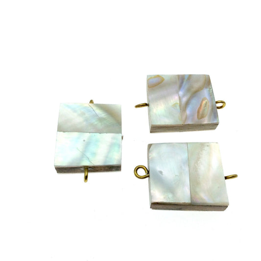 Iridescent White Fat Rectangle Shaped Natural Shell Focal Connector - 23mm x 26mm Approximately - Sold Individually
