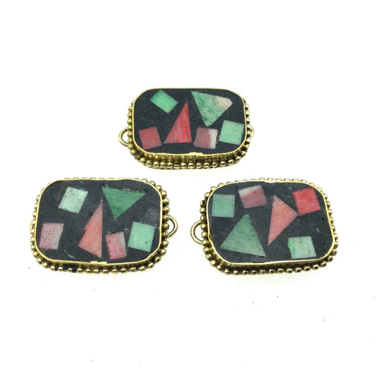 1.25" Multicolor Natural Ox Bone and Resin Mosaic Flat Round Rectangle Shape Gold Plated Bezel Connector W Dotted Edges - ~ 24mm x 30mm.
