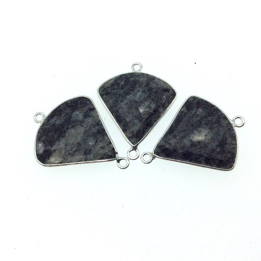 Silver Finish Faceted Black Feldspar Fan Shaped Bezel Connector Component - Measuring 22mm x 22mm - Natural Semi-precious Gemstone