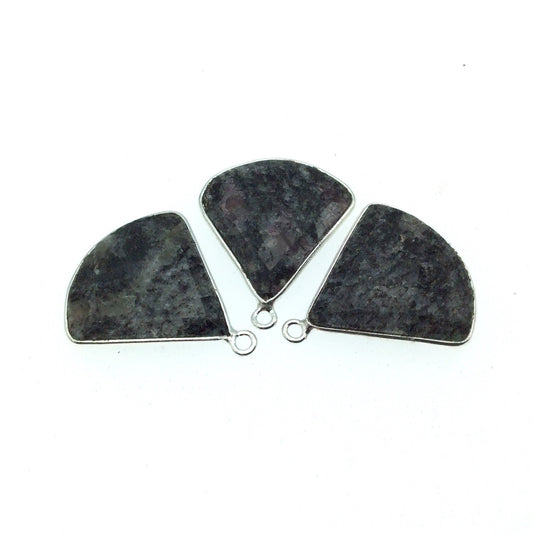 Silver Finish Faceted Black Feldspar Fan Shaped Bezel Pendant Component - Measuring 22mm x 22mm - Natural Semi-precious Gemstone