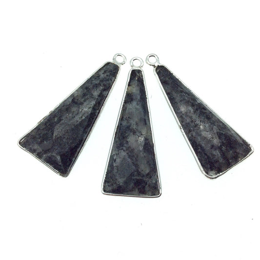 Silver Finish Faceted Black Feldspar Long Triangle Shaped Bezel Pendant Component - Measuring 12mm x 30mm - Natural Semi-precious Gemstone
