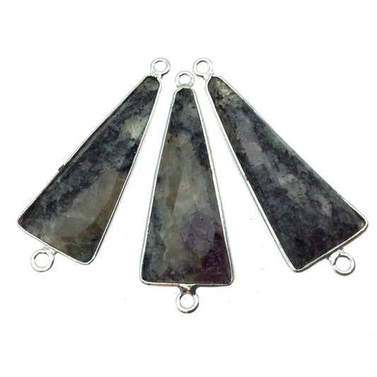 Silver Finish Faceted Black Feldspar Long Triangle Shaped Bezel Connector Component - Measuring 12mm x 30mm - Natural Semi-precious Gemstone