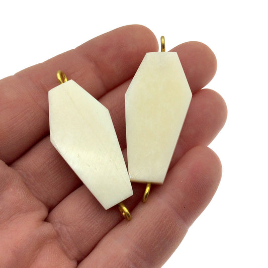 White/Ivory Elongated Hexagon (Coffin) Shaped Natural Bone Focal Connector - 19mm x 32mm Approximately - Sold Individually
