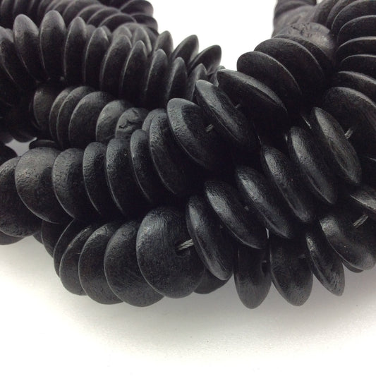 4.5mm x 18mm Natural Black Saucer Shaped Wooden Beads with 1.5mm Holes - 16" Strand (Approximately 78 Beads) - Sold by the Strand
