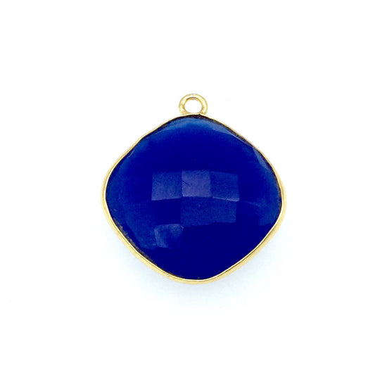 Gold Finish Faceted Cobalt Blue Chalcedony Diamond Shaped Bezel Pendant Component - Measuring 18mm x 18mm - Natural Gemstone