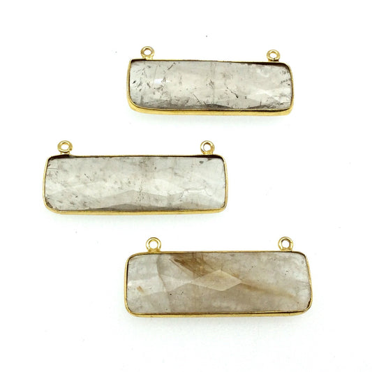 Gold Plated Faceted Gold Rutilated Quartz Rectangle/Bar Shaped Bezel Connector - ~ 12mm x 40mm - Sold Individually, Chosen Randomly