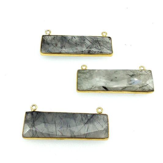 Gold Plated Faceted Black Rutilated Quartz Rectangle/Bar Shaped Bezel Connector - ~ 12mm x 40mm - Sold Individually, Chosen Randomly