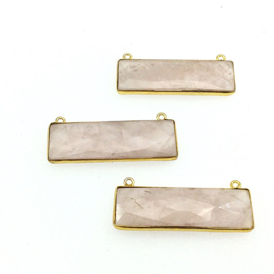 Gold Plated Faceted Rose Quartz Rectangle/Bar Shaped Bezel Connector - ~ 12mm x 40mm - Sold Individually, Chosen Randomly