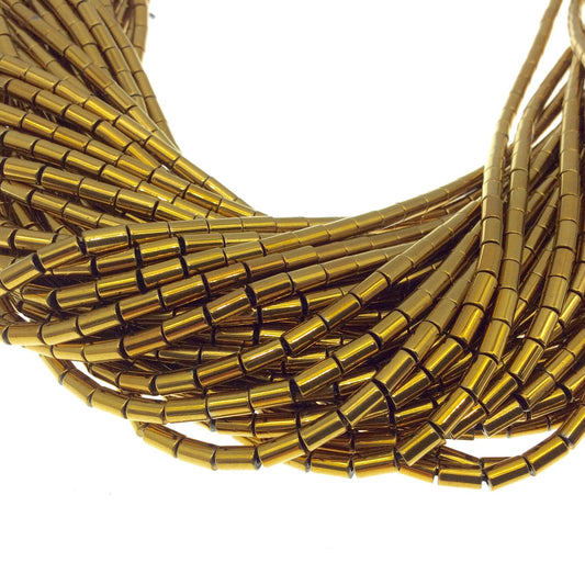 3mm x 5mm Smooth Natural Metallic Gold Coated Hematite Tube Shape Beads - Sold by 16" Strands (~ 80 Beads) - Semi-Precious Gemstone