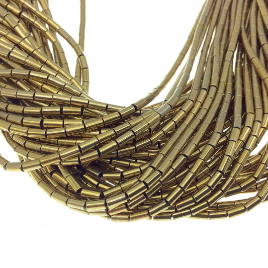 2mm x 4mm Smooth Natural Metallic Gold Coated Hematite Tube Shape Beads - Sold by 16" Strands (~ 98 Beads) - Semi-Precious Gemstone