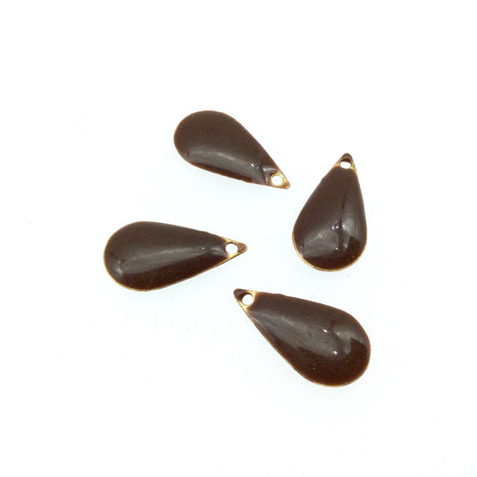 9mm x 15mm Two-Sided Chocolate Brown Enamel Brass Handmade Teardrop Pendant/Charm With Top Drilled Hole - Sold In Packs of Four Pieces