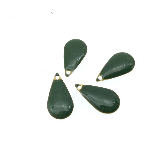 9mm x 15mm Two-Sided Deep Sage Enamel Brass Handmade Teardrop Pendant/Charm With Top Drilled Hole - Sold In Packs of Four Pieces