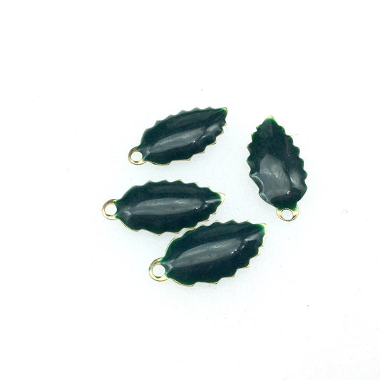 8mm x 15mm Two-Sided Forest Green Beadlanta Enamel Brass Handmade Serrated Leaf Pendant/Charm W Top Hole - Sold In Packs of Four Pieces