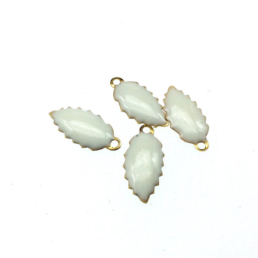 8mm x 15mm Two-Sided White/Ivory Beadlanta Enamel Brass Handmade Serrated Leaf Pendant/Charm With Top Hole - Sold In Packs of Four Pieces