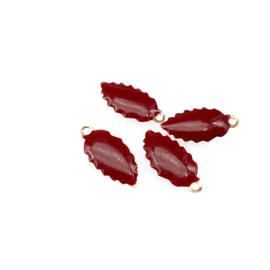 8mm x 15mm Two-Sided Warm Red Beadlanta Enamel Brass Handmade Serrated Leaf Pendant/Charm With Top Hole - Sold In Packs of Four Pieces