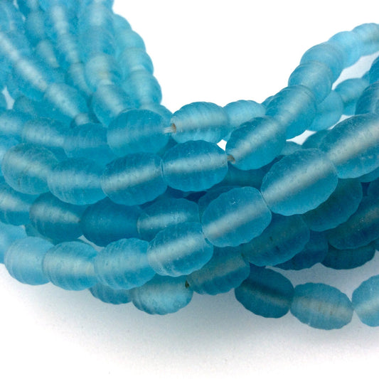 14mm x 16mm Matte Aqua Blue Textured Barrel (Beehive) Shaped Indian Beach/Sea Beadlanta Glass Beads - Sold by 15" Strands - Approx 36 Beads