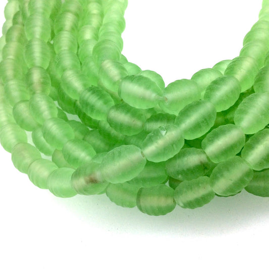 14mm x 16mm Matte Celery Green Textured Barrel (Beehive) Shaped Indian Beach/Sea Beadlanta Glass Beads - Sold by 15" Strands - ~36 Beads