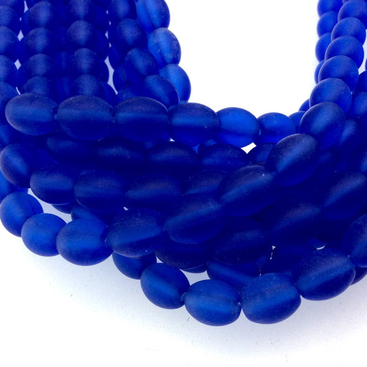 8mm x 10mm Matte Cobalt Blue Oval Shaped Indian Beach/Sea Beadlanta Glass Beads - Sold by 15" Strands - Approx. 42 Beads per Strand