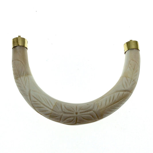 Hand Carved White/Off White Double Ended U-Shaped Crescent with Flower and Leaves Design - Natural Ox Bone Focal Pendant - 130mm x 85mm