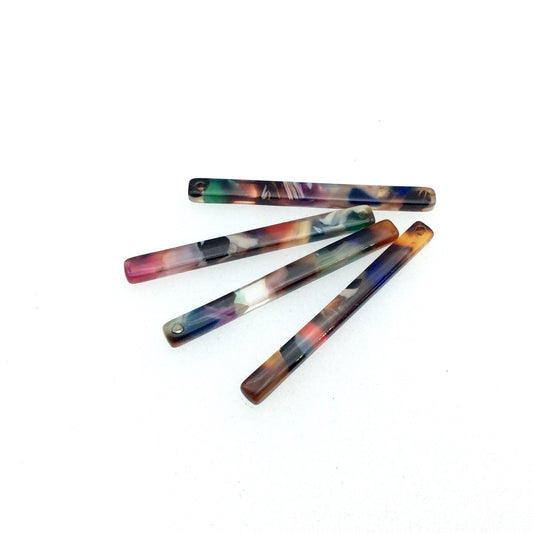 4mm x 40mm Semi-Transparent Multi/White Skinny Stick Shaped Resin Pendant with One Hole- Sold in Pack of Four