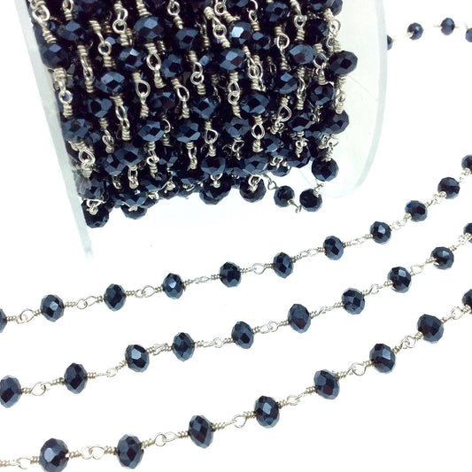 Silver Plated Copper Rosary Chain with 6mm Faceted Opaque AB Metallic Jet Black Glass Crystal Beads - Sold by the Foot! - Beaded Chain