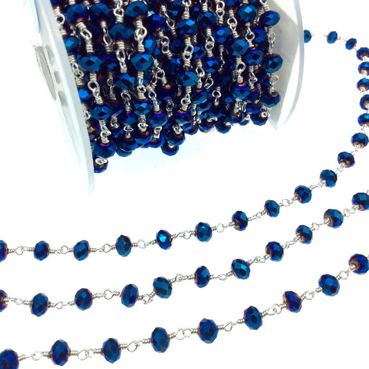 Silver Plated Copper Rosary Chain with 6mm Faceted Opaque AB Metallic Blue Glass Crystal Beads - Sold by the Foot! - Beaded Chain