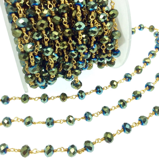 Gold Plated Copper Rosary Chain with 6mm Faceted Opaque AB Metallic Pine Green Glass Crystal Beads - Sold by the Foot! - Beaded Chain