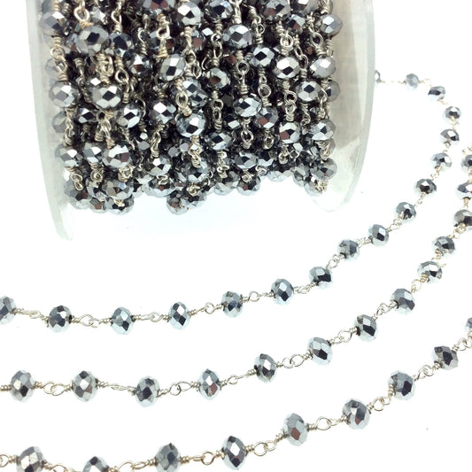 Silver Plated Copper Rosary Chain with 6mm Faceted Opaque Ab Metallic Silver Glass Crystal Beads - Sold by the Foot! - Beaded Chain