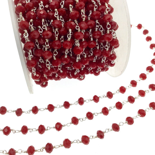 Silver Plated Copper Rosary Chain with 6mm Faceted Opaque Lipstick Red Glass Crystal Beads - Sold by the Foot! - Beaded Chain