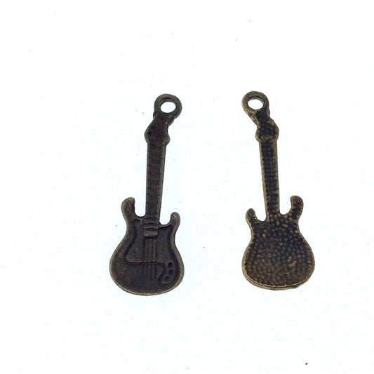 Antique Brass Plated Copper Guitar Pendant with One Ring- Measuring 13mm x 33mm - Sold Individually, Chosen at Random