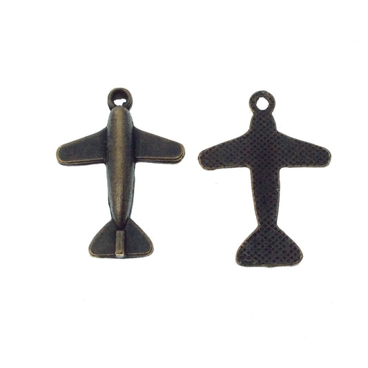Antique Brass Plated Copper Airplane Pendant with One Ring- Measuring 22mm x 28mm - Sold Individually, Chosen at Random