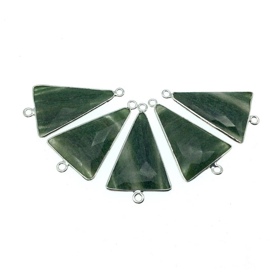 Silver Finish Faceted Green Aventurine Triangle Shaped Bezel Pendant Component - Measuring 18mm x 25mm - Natural Semi-precious Gemstone
