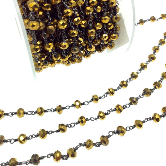 Gunmetal Plated Copper Rosary Chain with 6mm Faceted Opaque AB Metallic Gold Glass Crystal Beads - Sold by the Foot! - Beaded Chain