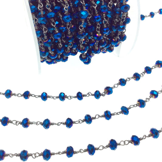 Gunmetal Plated Copper Rosary Chain with 6mm Faceted Opaque AB Metallic Blue Glass Crystal Beads - Sold by the Foot - Beaded Chain